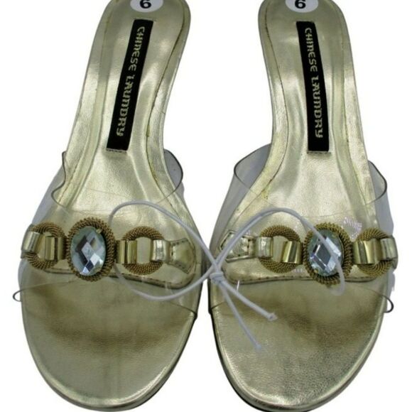 NWT Chinese Laundry Gold Rhinstone Clear Kitten Heels - Picture 9 of 10